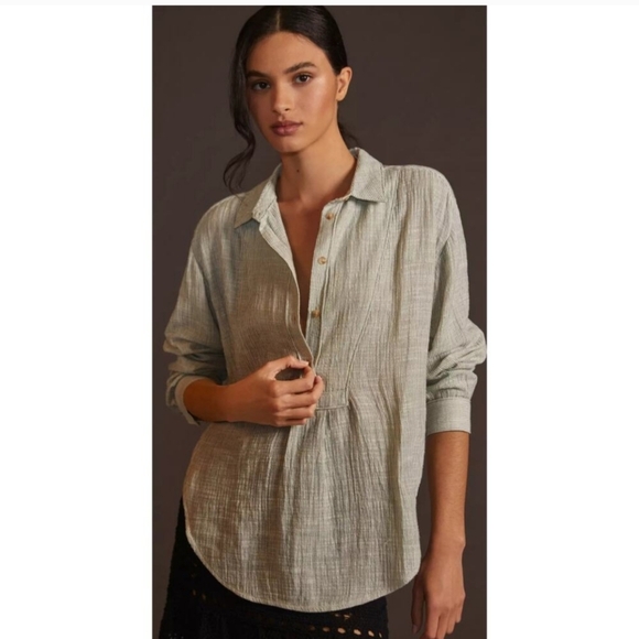 Anthropologie Button Side Striped Textured Shirt, Women's Plus Size Small Cotton - Picture 2 of 8